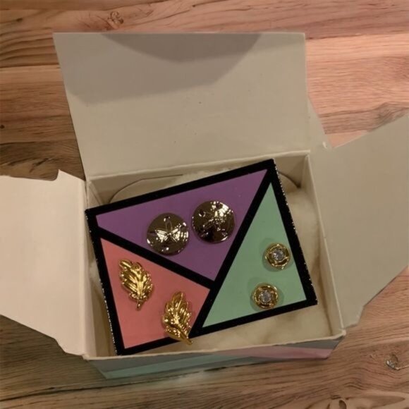 Vintage Avon Versatile Earring Trio‎ Silver Sand Dollar Gold Leaf Diamond Stud - Picture 2 of 5